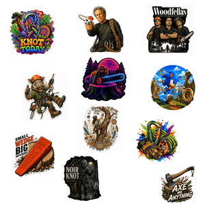 A collection of nine distinct die-cut stickers featuring various woodshop, camping, and outdoor themed designs, including a Woodfellas band poster, a chainsaw forest, a cartoon pig, and a tombstone with 'Noir Knot' text, all arranged on a plain white background.