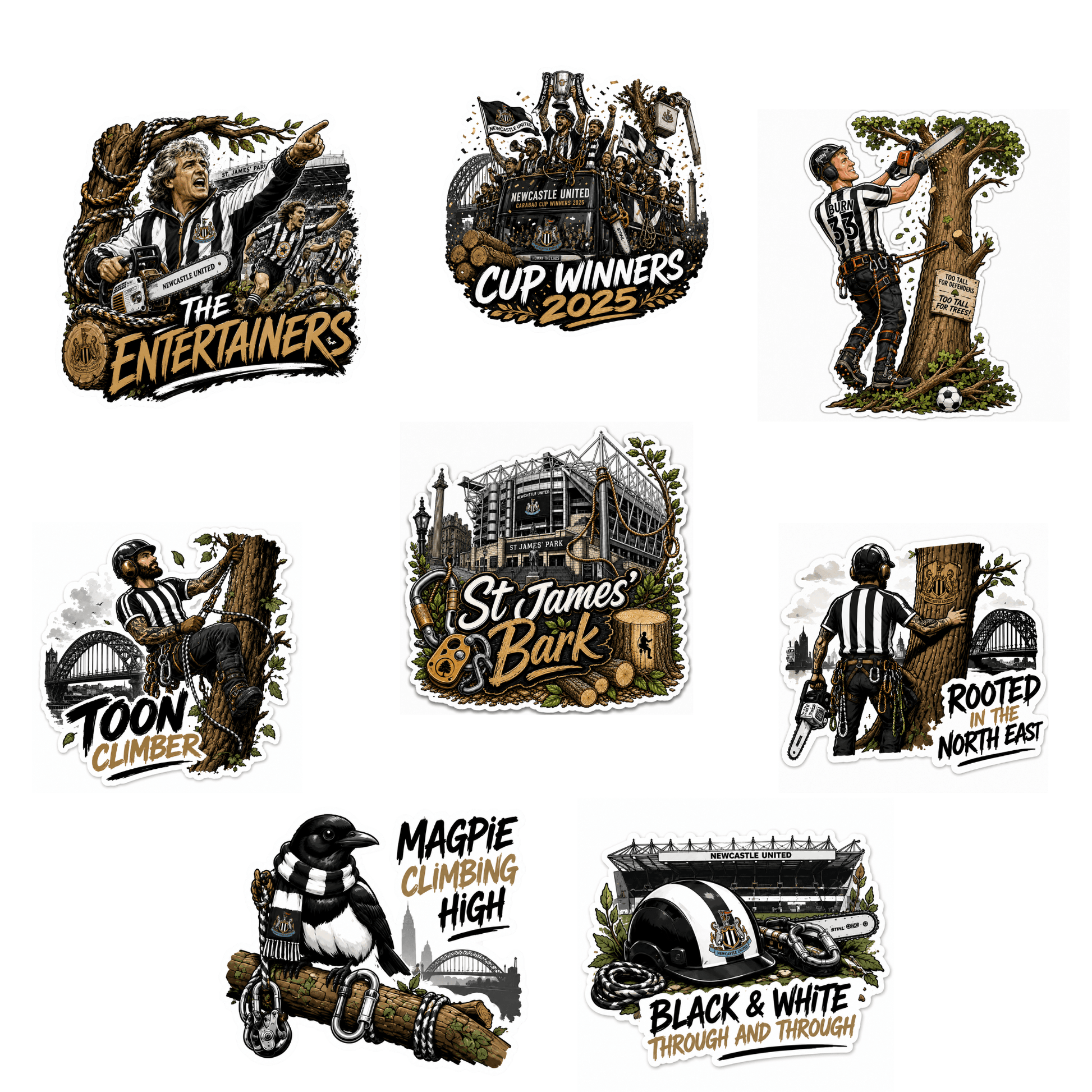 A set of nine vintage-style sports and team stickers or decal designs arranged on a plain white background. The designs feature illustrated people, trees, a stadium, a penguin on a log, and text such as 'The Entertainers,' 'Cup Winners 2025,' 'Toon Climber,' 'St James & Bark,' 'Rooted North East,' 'Magpie Climbing High,' and 'Black & White Through and Through.