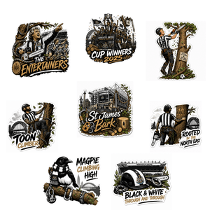 A set of nine vintage-style sports and team stickers or decal designs arranged on a plain white background. The designs feature illustrated people, trees, a stadium, a penguin on a log, and text such as 'The Entertainers,' 'Cup Winners 2025,' 'Toon Climber,' 'St James & Bark,' 'Rooted North East,' 'Magpie Climbing High,' and 'Black & White Through and Through.