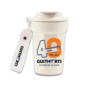 Thermal Stainless Steel Coffee Cup White celebrating 40 years of Gustharts with logo and design details.