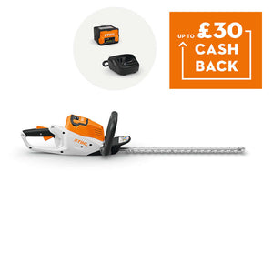 HSA 50 Cordless Hedge Trimmer 20" with cashback offer and battery charger from STIHL.