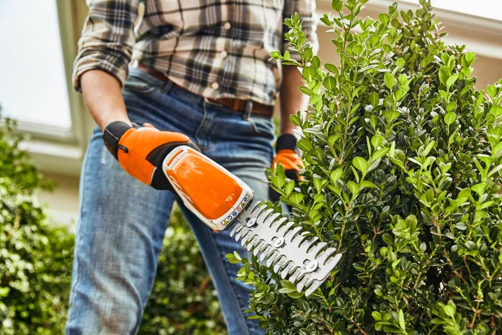 Person using STIHL HSA 26 cordless shrub shears to trim greenery in a home garden.