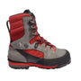 A pair of Haix Protector Timber Class 1 Chainsaw Boots with red and gray colors, featuring a protective toe cap and sturdy rubber sole.