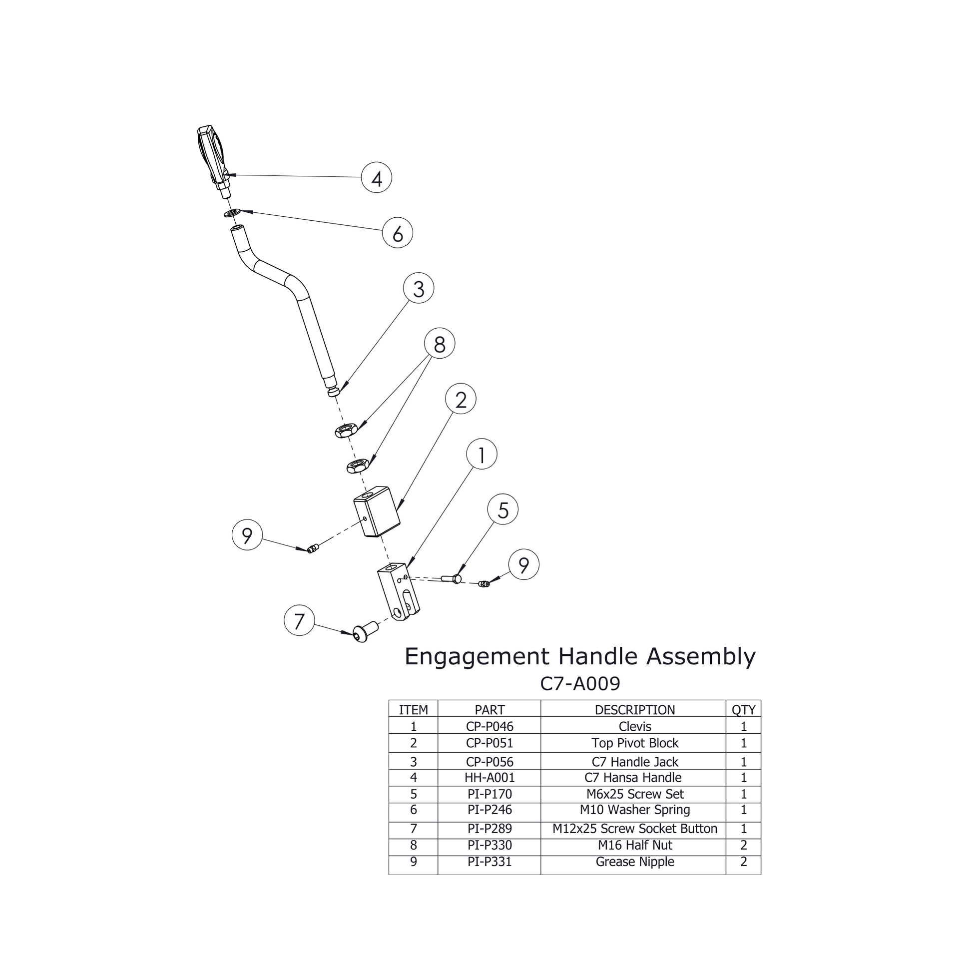 C7 Chipper Spare Parts - Engagement Handle Assembly diagram showing parts and descriptions for Hansa C7 Chipper