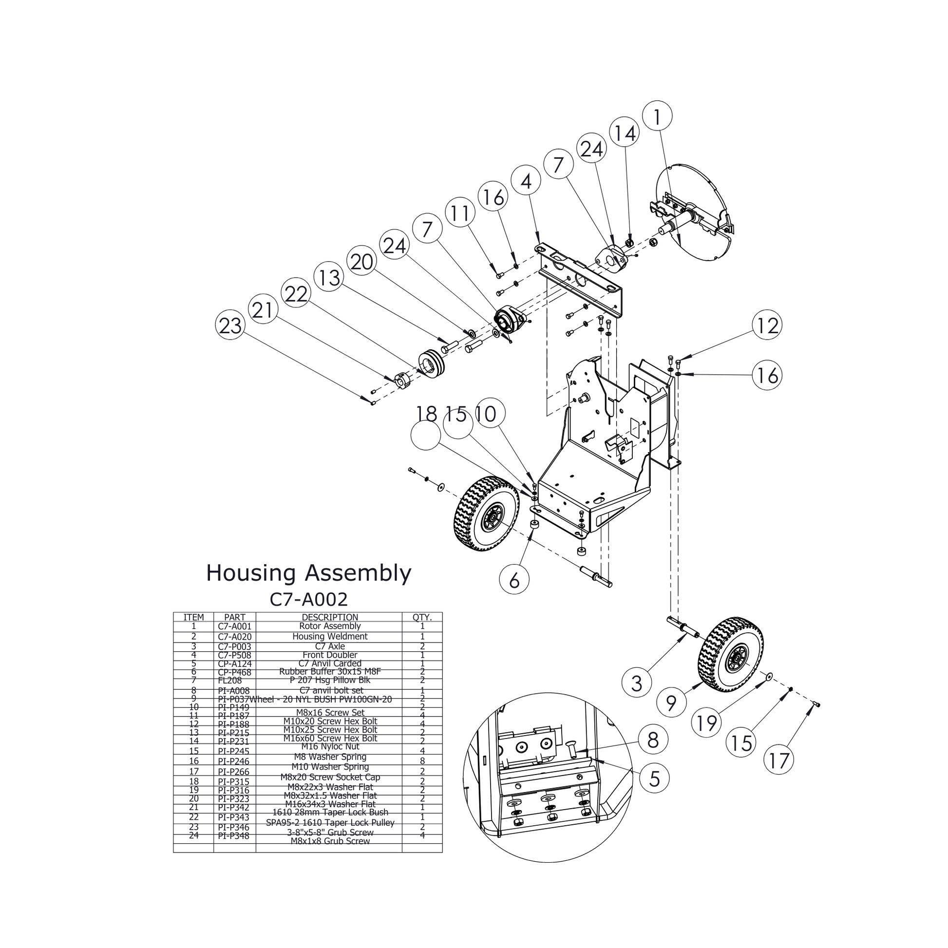 C7 Chipper Spare Parts - Detailed illustration of the Housing Assembly for Hansa C7 Chipper with components listed.