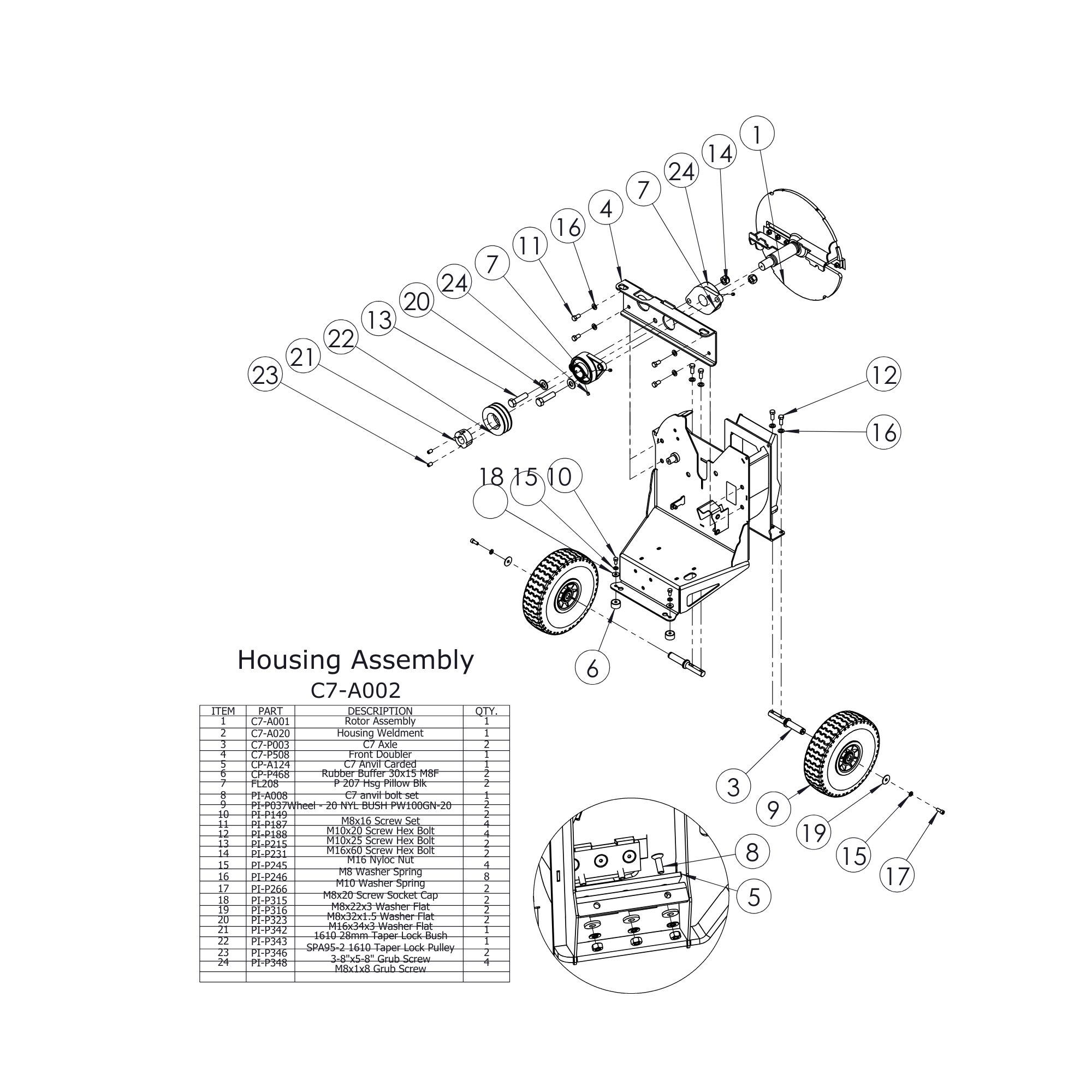 C7 Chipper Spare Parts - Detailed illustration of the Housing Assembly for Hansa C7 Chipper with components listed.