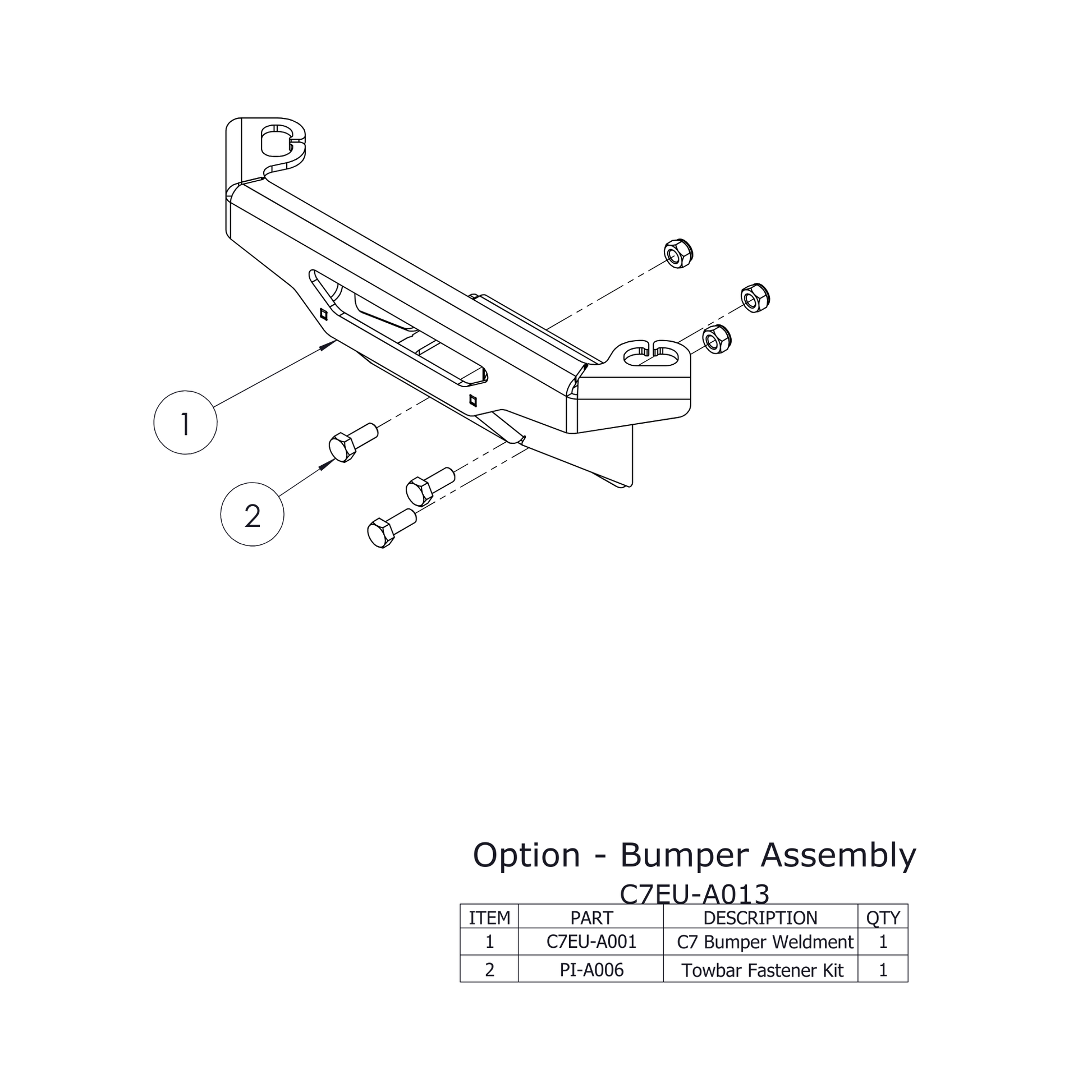 C7 Chipper Spare Parts - Bumper Assembly diagram with labeled components and fastener kit