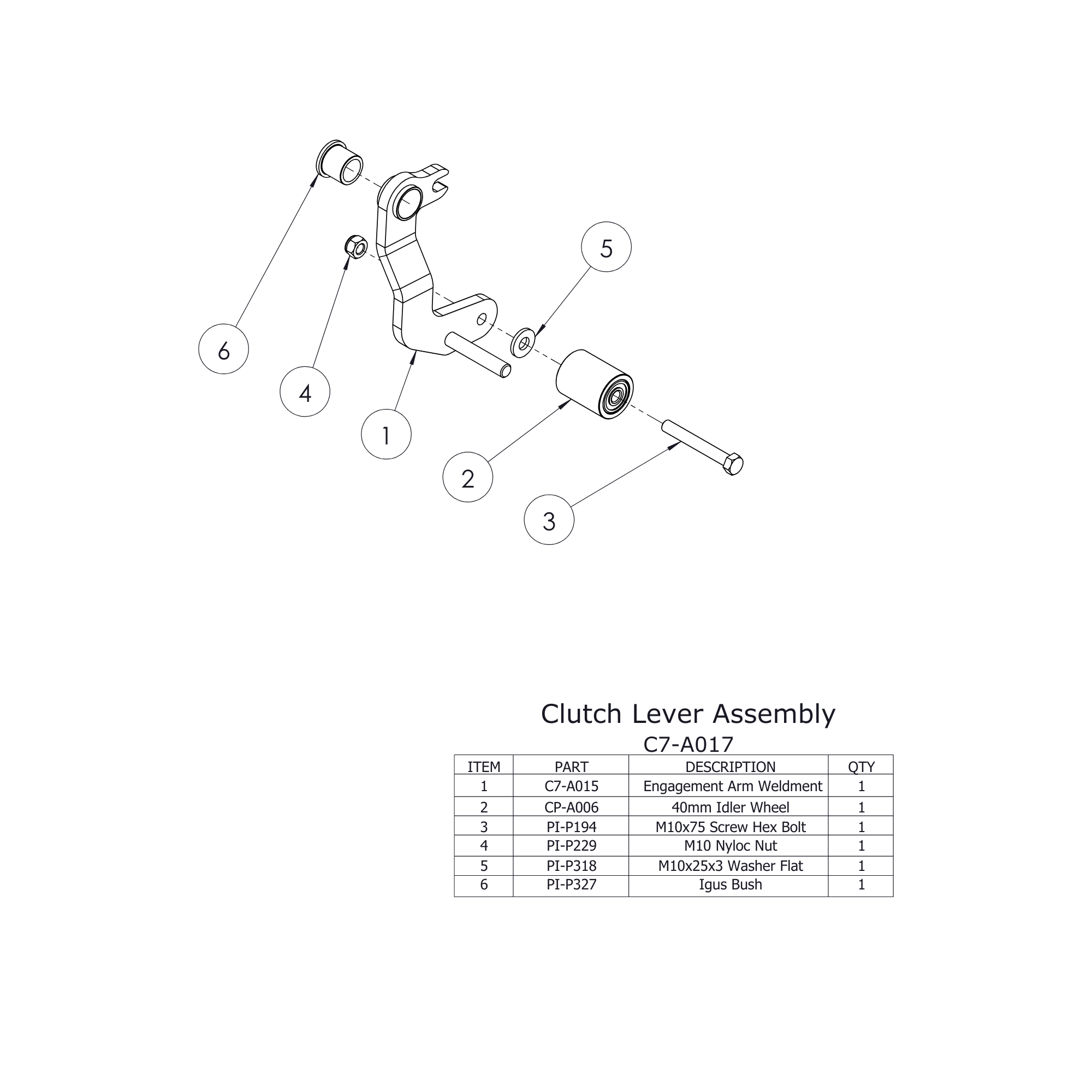 Clutch Lever Assembly for C7 Chipper Spare Parts, including all components and detailed parts list.