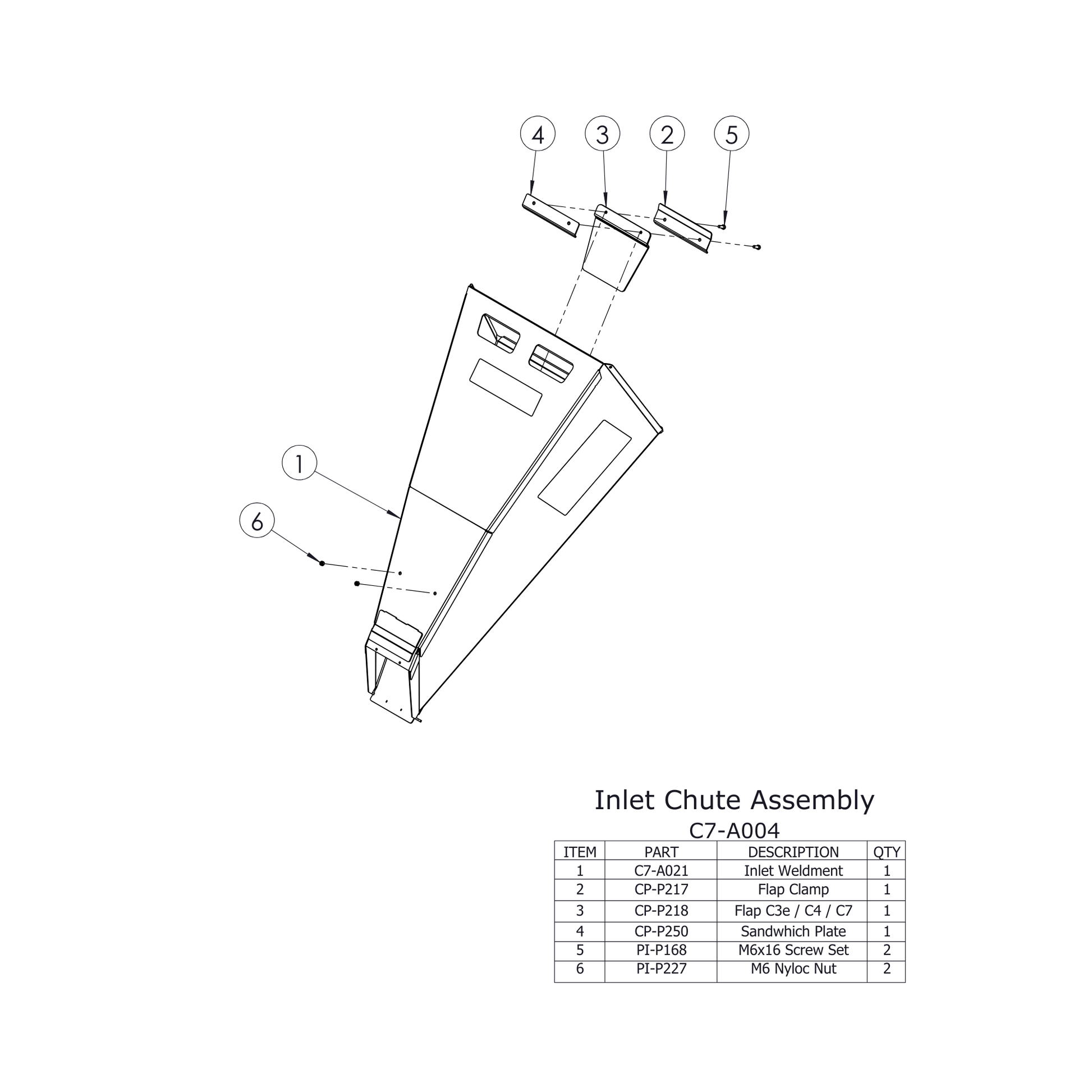 C7 Chipper Spare Parts Inlet Chute Assembly diagram with labeled components and quantity details.