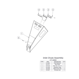 C7 Chipper Spare Parts Inlet Chute Assembly diagram with labeled components and quantity details.