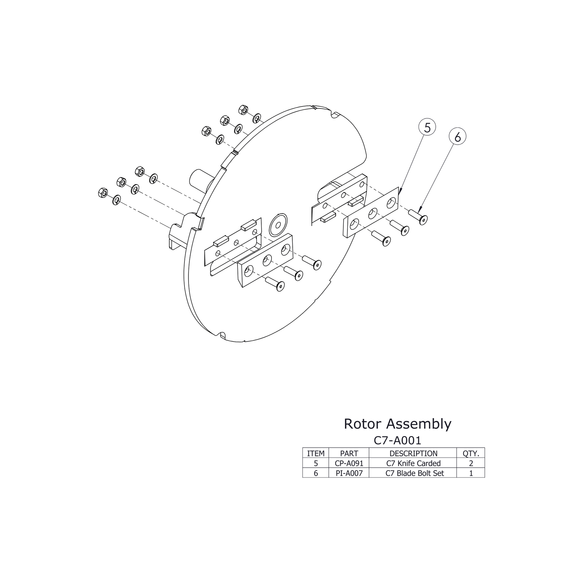 Diagram of C7 Chipper Spare Parts showing Rotor Assembly details and components for maintenance.