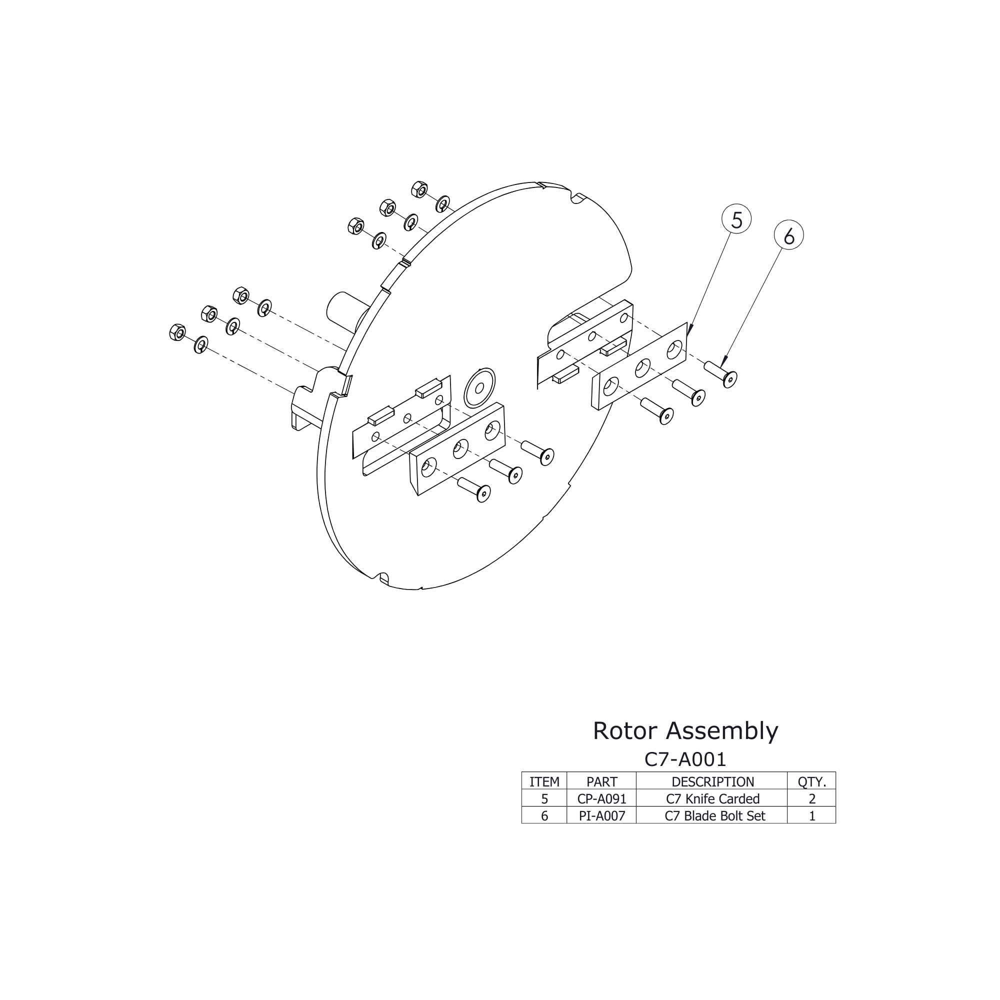 Diagram of C7 Chipper Spare Parts showing Rotor Assembly details and components for maintenance.
