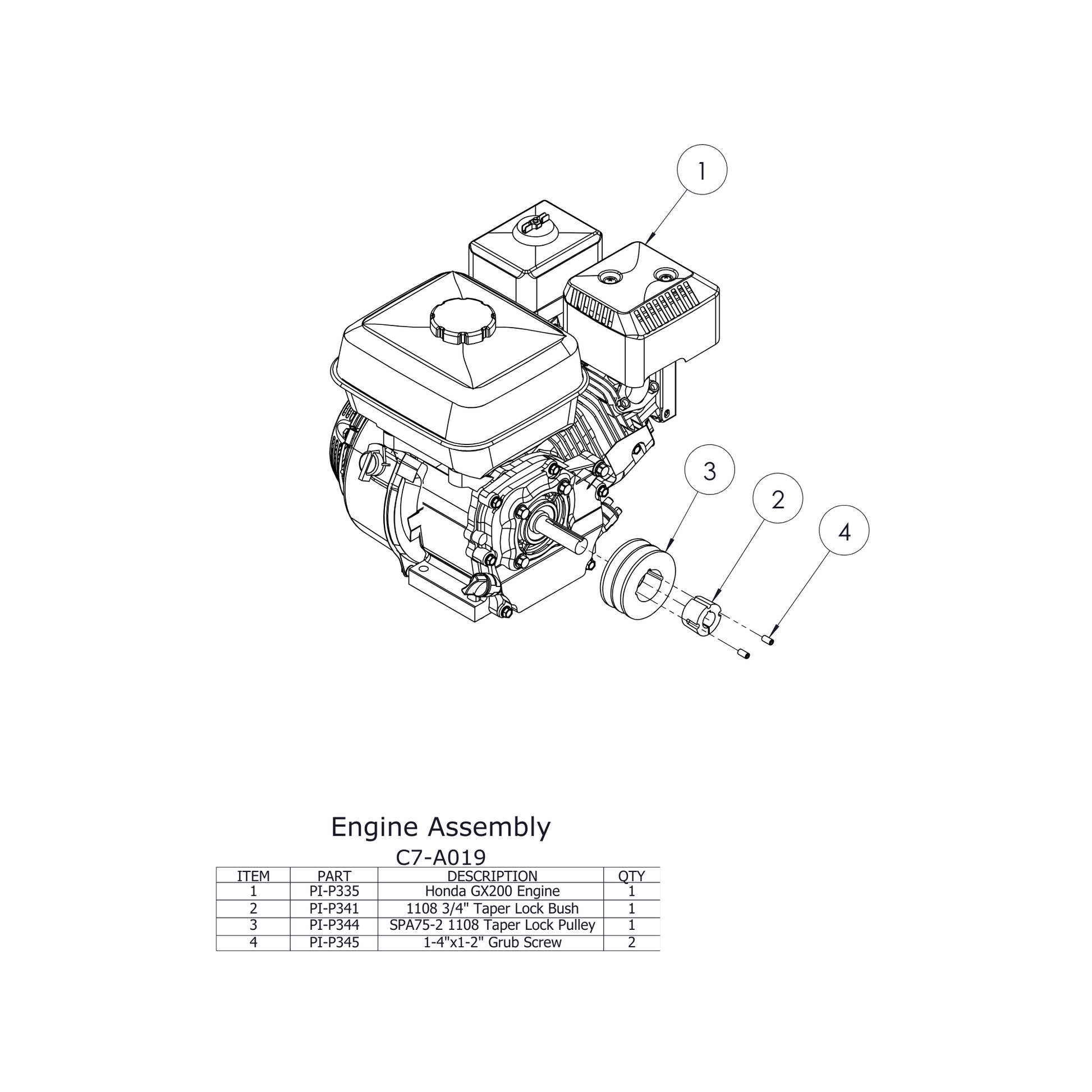 C7 Chipper Spare Parts - Engine assembly diagram including components and part numbers for Hansa C7 Chipper.
