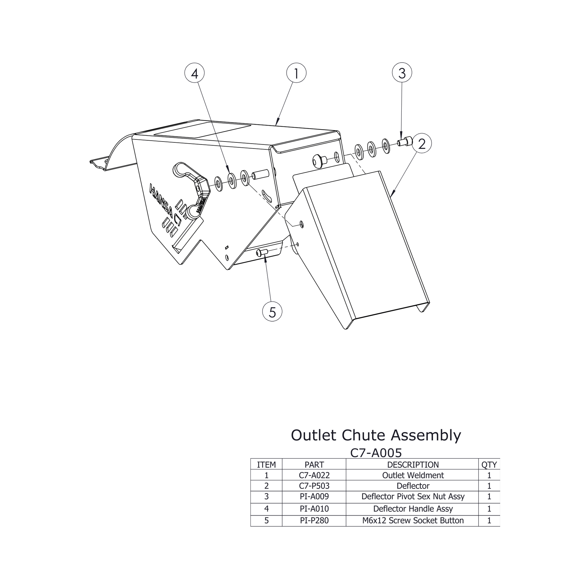 C7 Chipper Spare Parts Outlet Chute Assembly diagram with labeled components and parts list for repair.
