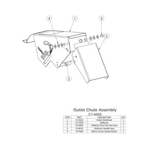 C7 Chipper Spare Parts Outlet Chute Assembly diagram with labeled components and parts list for repair.