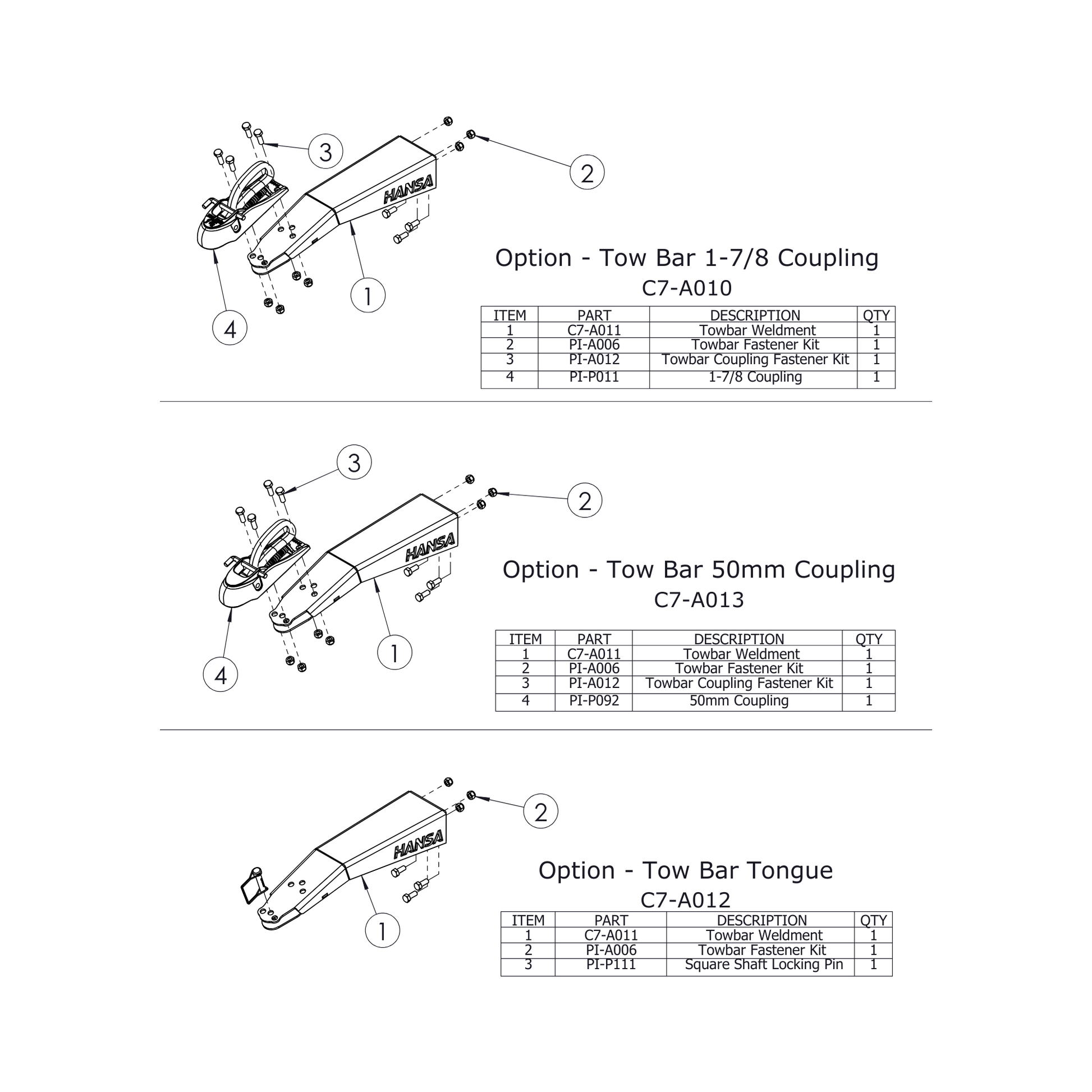 C7 Chipper Spare Parts - Hansa C7 Illustrated Parts List for Tow Bar Couplings and Components.