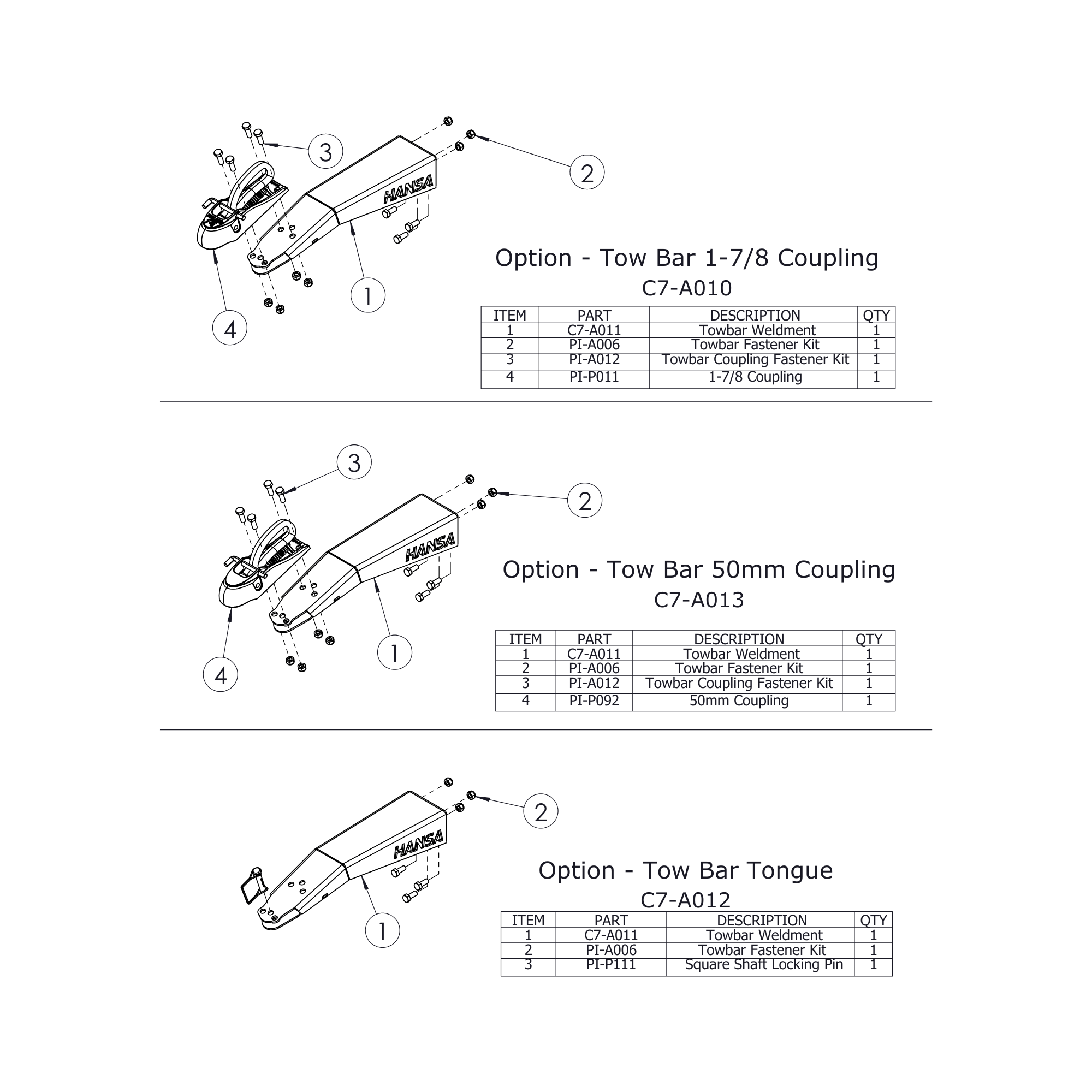 C7 Chipper Spare Parts - Hansa C7 Illustrated Parts List for Tow Bar Couplings and Components.