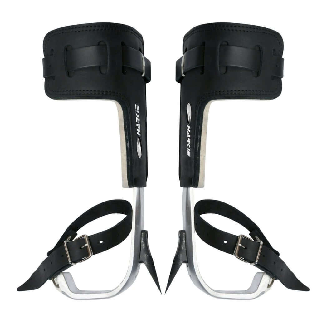 Harkie alloy tree climbing spikes, durable aluminum pads, ideal for tree surgeons and professional arborists.