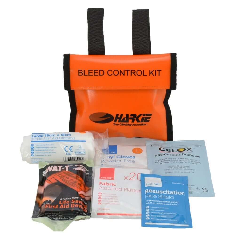 Harkie Bleed Control First Aid Kit with SWAT tourniquet and Celox granules for tree surgeons and emergency use.