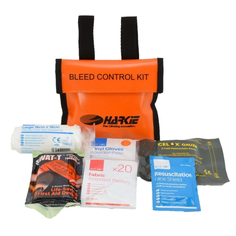 Harkie Bleed Control Kit with SWAT-T tourniquet, gloves, and gauze for tree surgeons.
