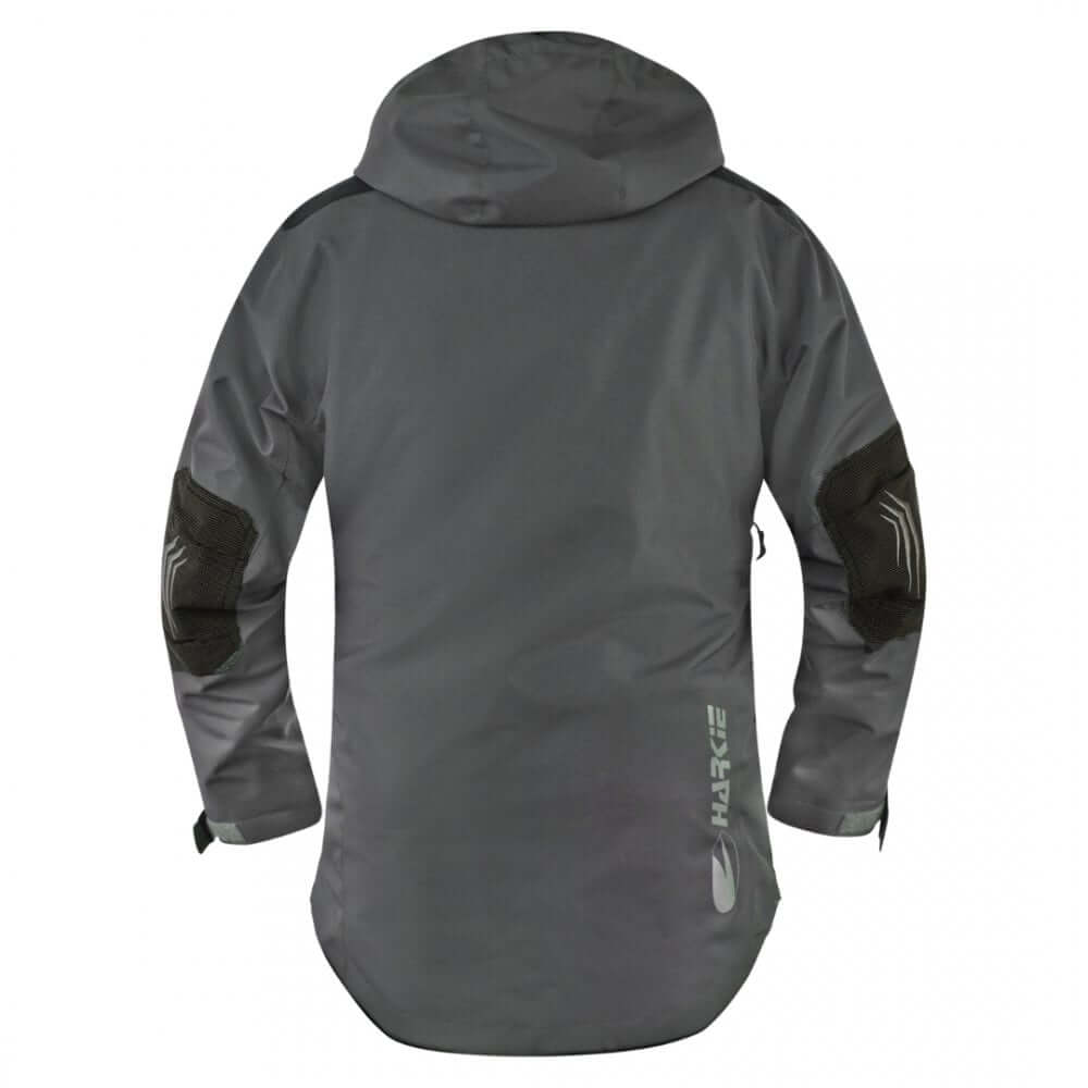 Back view of the Harkie Defiance Jacket Grey, a waterproof work jacket for tree surgeons.