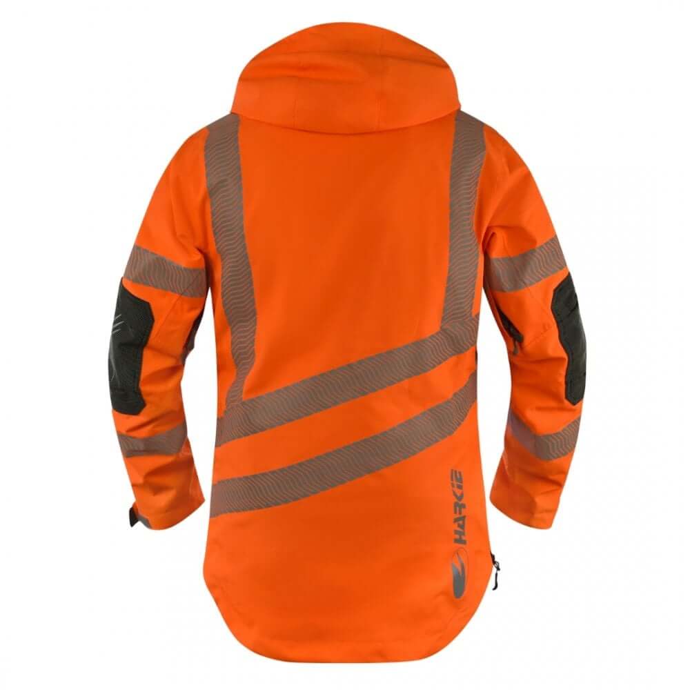 Back view of Harkie Defiance Smock Hi Vis Orange, waterproof jacket designed for tree surgeons and outdoor workers.