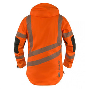 Back view of Harkie Defiance Smock Hi Vis Orange, waterproof jacket designed for tree surgeons and outdoor workers.