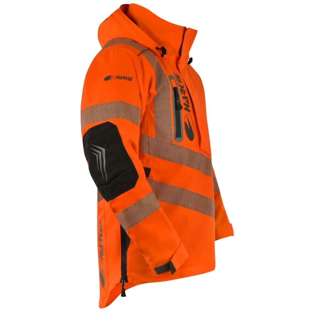 Harkie Defiance Smock Hi Vis Orange jacket for tree surgeons, waterproof and durable, ideal for outdoor work.