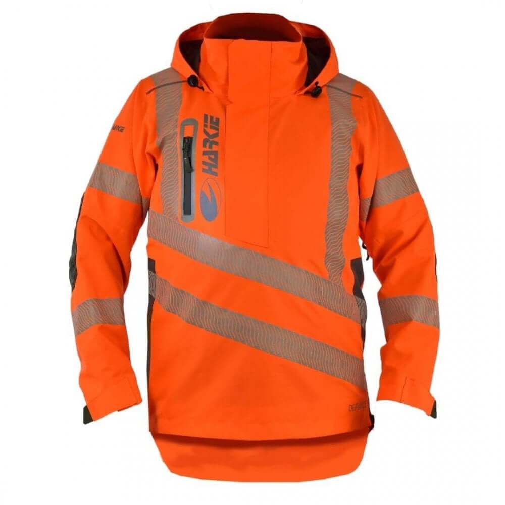Harkie Defiance Smock Hi Vis Orange, durable waterproof jacket for tree surgeons and outdoor workers.