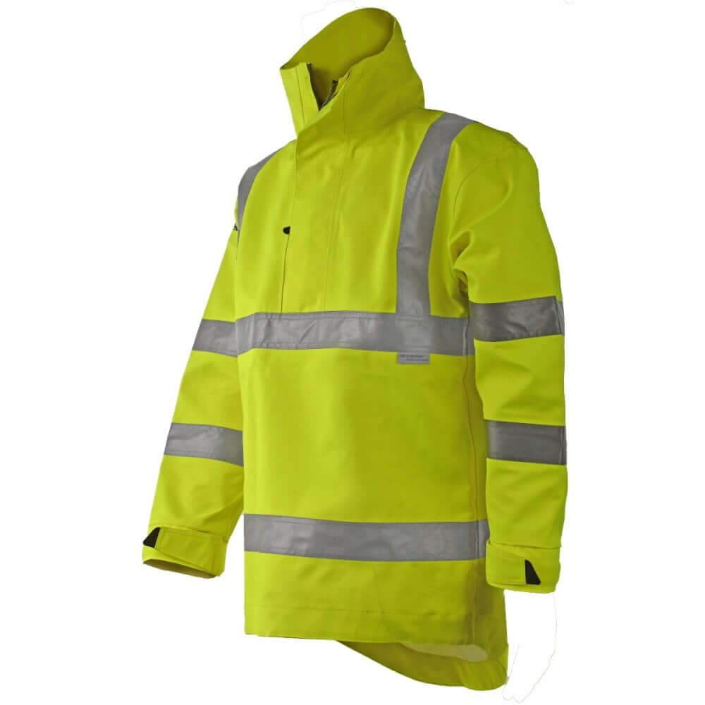 Forestry 2 Smock in Hi-Vis Yellow, ideal for tree surgeons and outdoor work, featuring reflective stripes for safety.