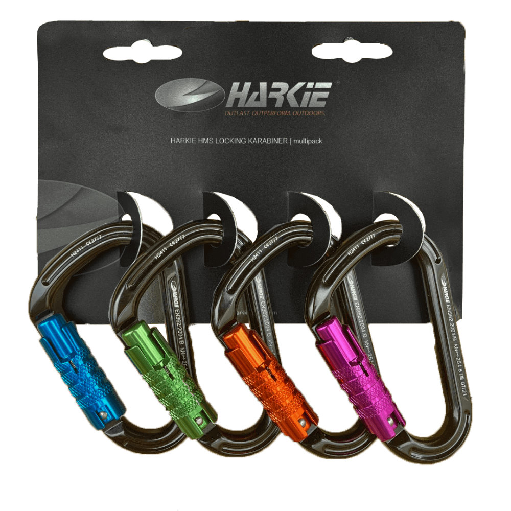 HMS 3 Way Locking Pack of 4 Assorted Colour Climbing Karabiners by HARKEI for climbing safety.