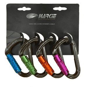 HMS 3 Way Locking Pack of 4 Assorted Colour Climbing Karabiners by HARKEI for climbing safety.