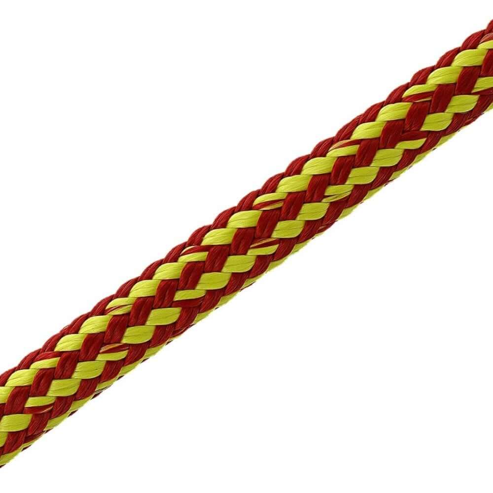 Close-up of Harkie HeftyFlex 13mm rigging rope in red and yellow, ideal for tree surgeons and outdoor applications.