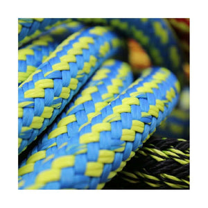Close-up of Harkie HeftyFlex Rigging Rope in blue and yellow, showcasing strength and flexibility for tree surgeons.