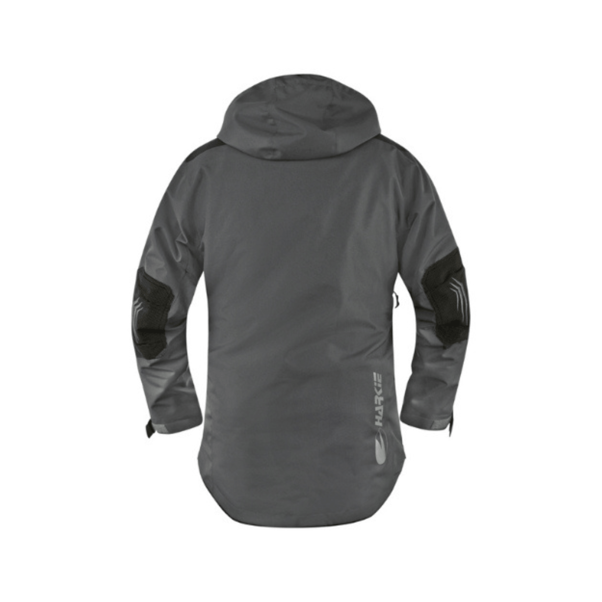Back view of Harkie Defiance Jacket Grey, a premium waterproof jacket ideal for tree surgeons and outdoor professionals.