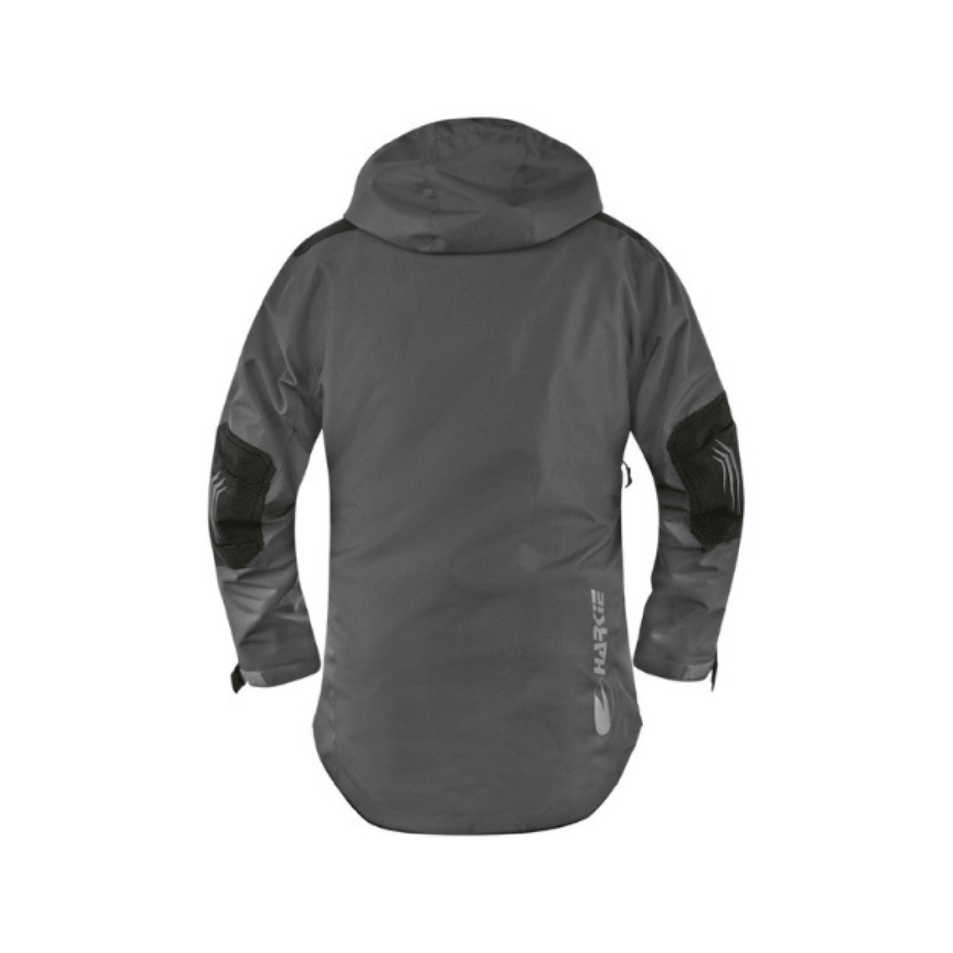 Back view of Harkie Defiance Jacket Grey, a premium waterproof jacket ideal for tree surgeons and outdoor professionals.