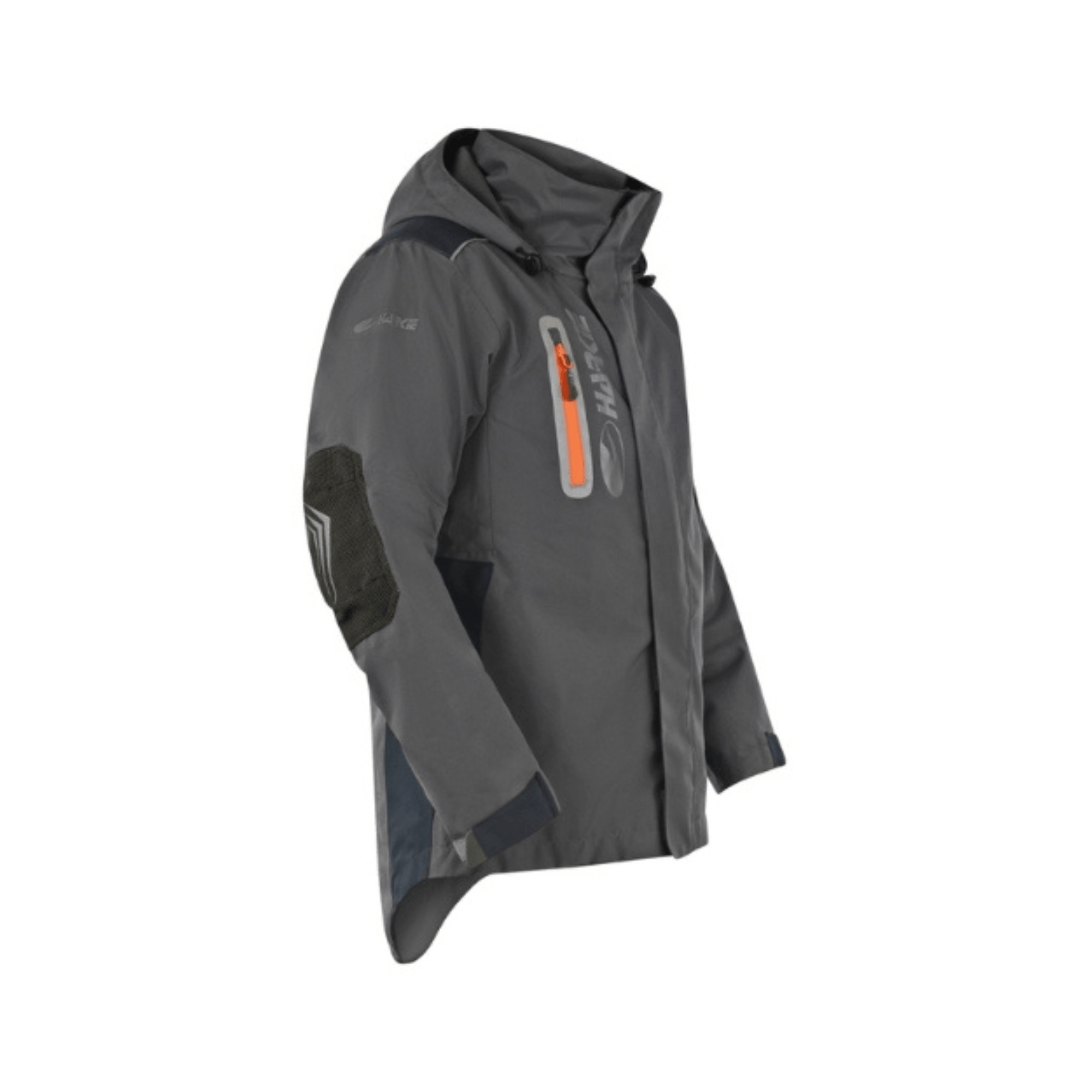 Defiance Jacket Grey side view showcasing waterproof design and features for tree surgeons and outdoor professionals.