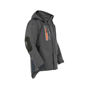 Defiance Jacket Grey side view showcasing waterproof design and features for tree surgeons and outdoor professionals.