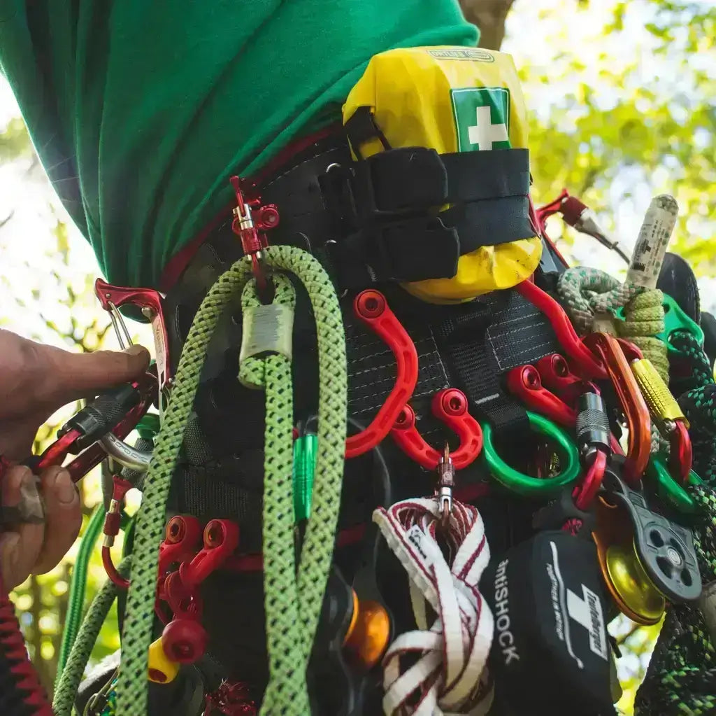 Tree surgeon's harness with climbing gear and safety equipment, highlighting safety in tree care activities.