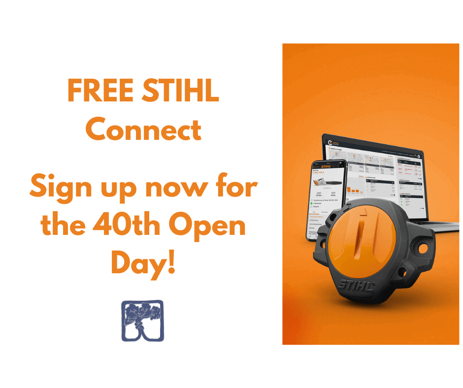 Promotional image for free STIHL Connect with a smartphone and device in orange background for the 40th Open Day.