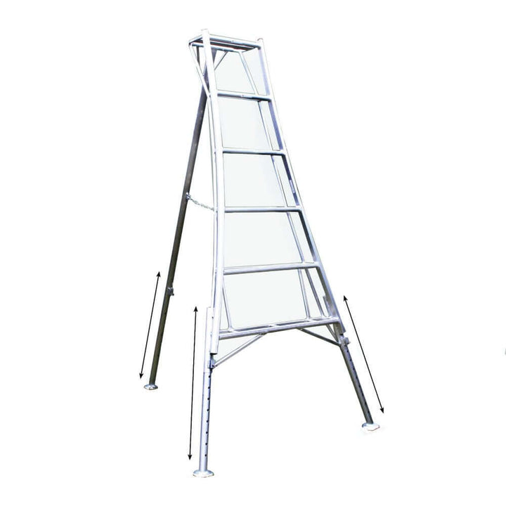 A three leg adjustable tripod ladder made of aluminum, with rubber boots on the legs, in a silver color.