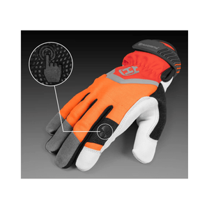 Husqvarna Technical Chainsaw Gloves showcasing reinforced palm, high-visibility orange color, and breathable material for safety.