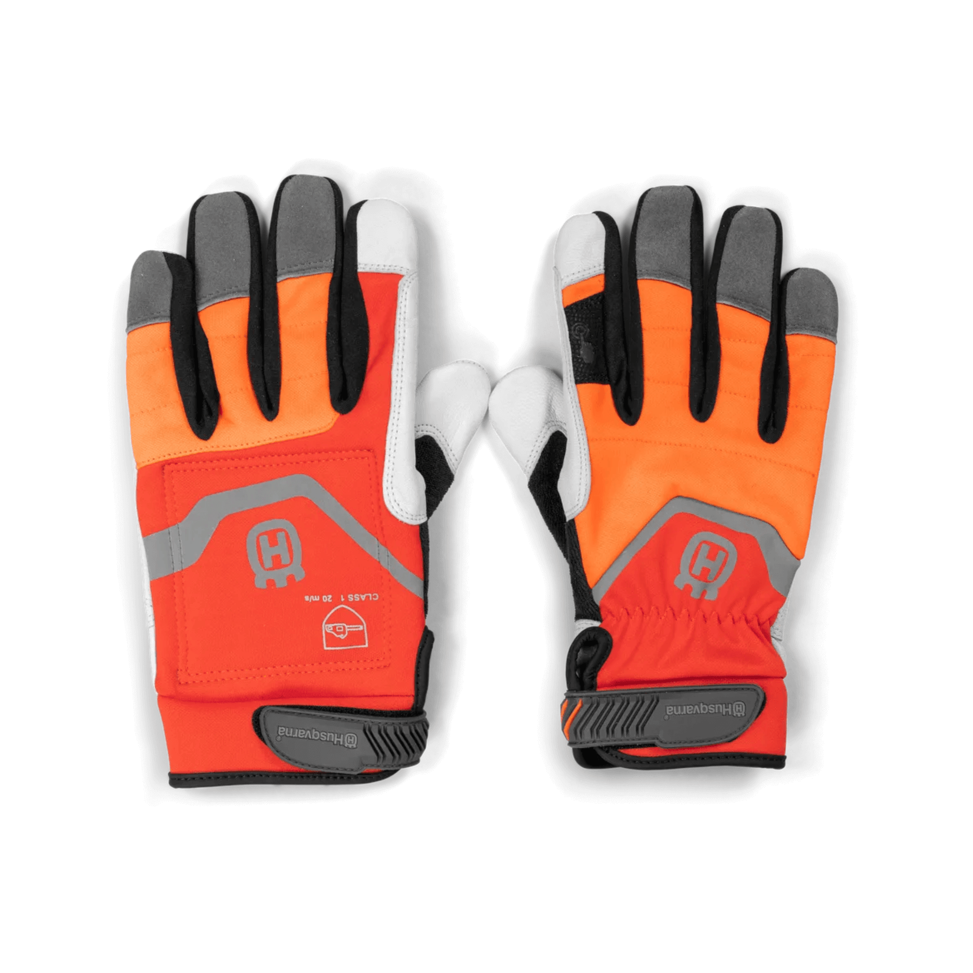 Husqvarna Technical Chainsaw Gloves with reinforced palms in high-visibility orange for safety and durability.