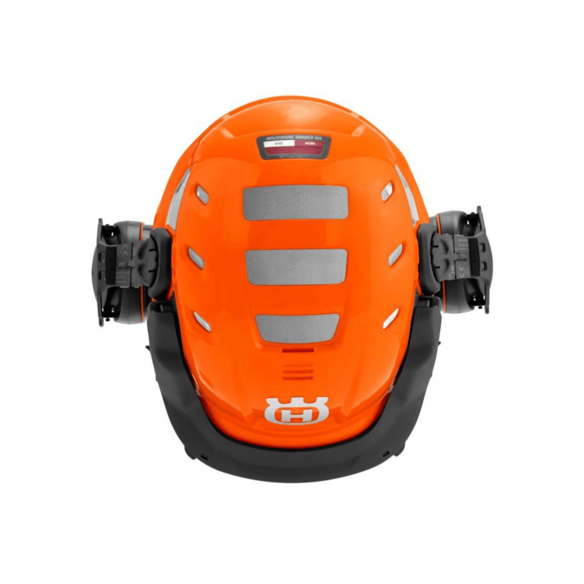 Technical Forest Chainsaw Helmet top view showcasing bright orange color and integrated ear defenders.