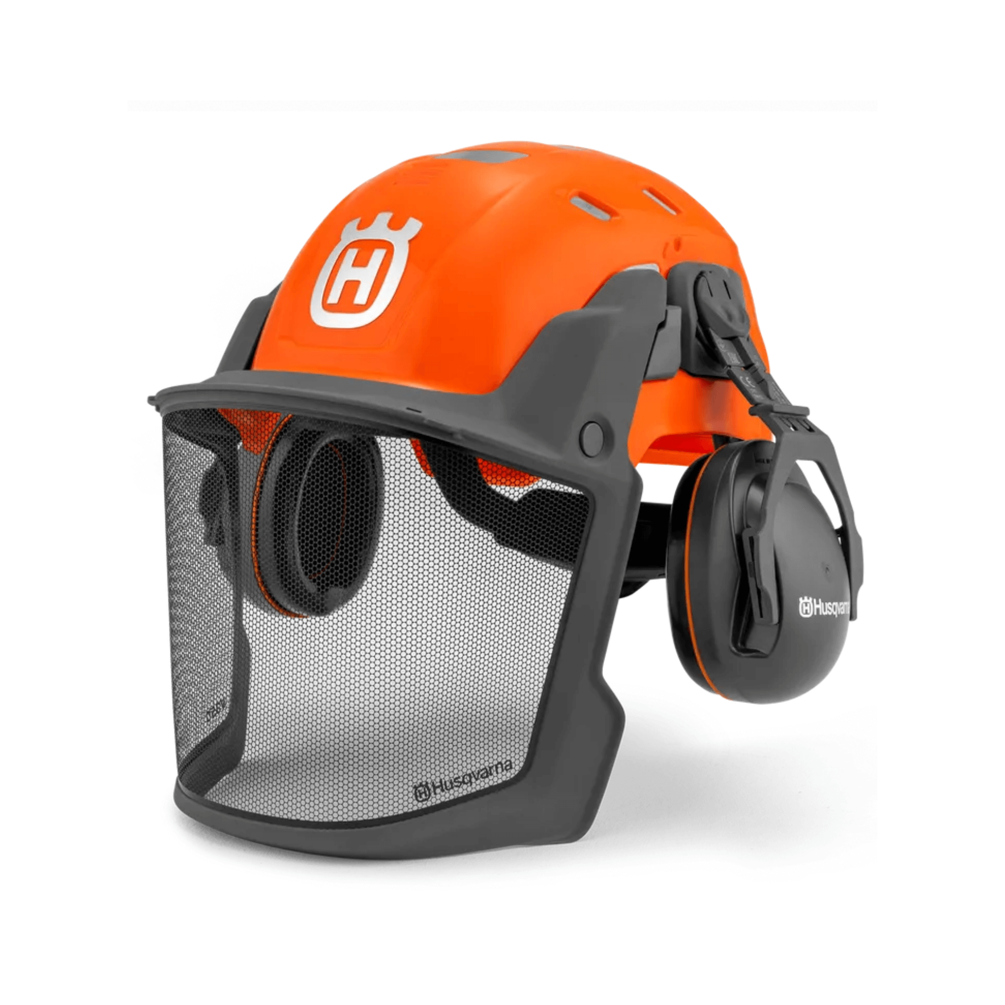 Technical Forest Chainsaw Helmet by Husqvarna with ear defenders and mesh visor for protection and visibility.