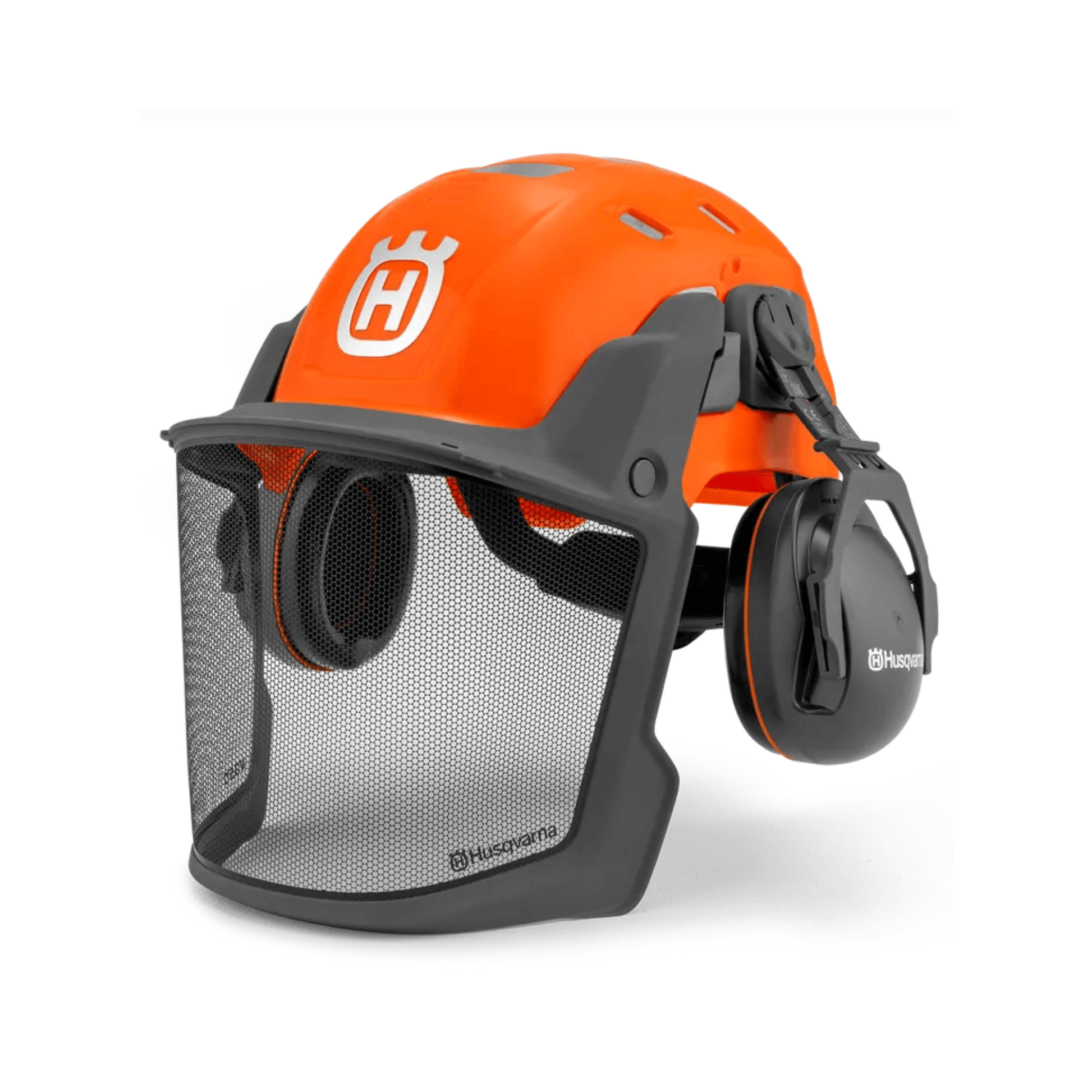 Technical Forest Chainsaw Helmet by Husqvarna with ear defenders and mesh visor for protection and visibility.