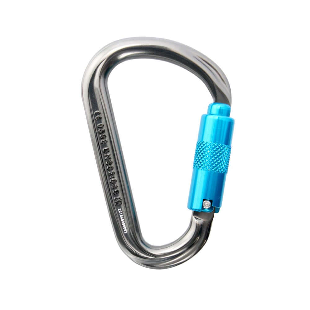 ISC HMS Supersafe Carabiner featuring a blue locking mechanism, ideal for tree surgeons and climbers.