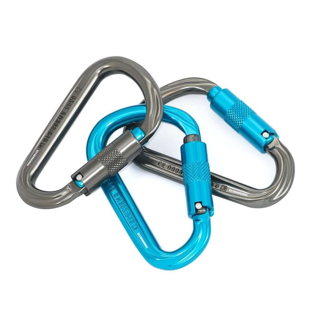 HMS Supersafe Carabiner 3-Pack with blue and gray design, ideal for tree surgeons and climbing adventures.