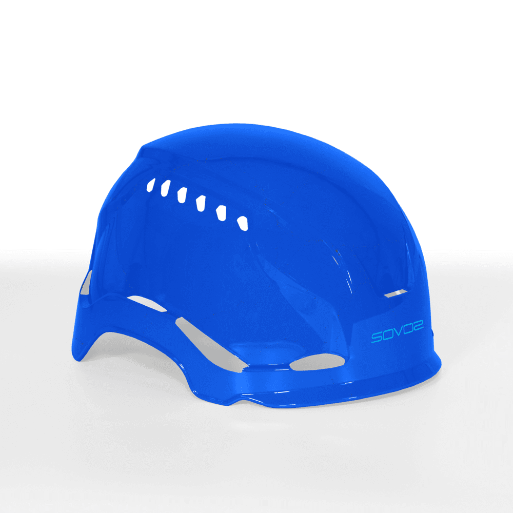 Blue interchangeable Sovos helmet cover designed for tree surgeons, offering customizable safety and style.