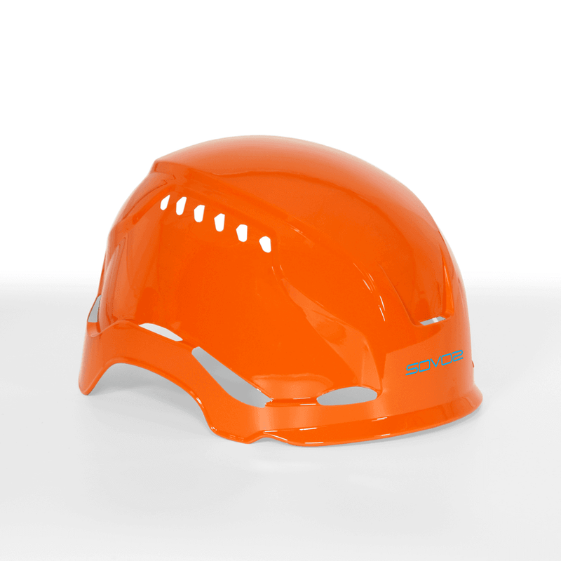 Bright orange Sovos climbing helmet cover, ideal for tree surgeons with customizable safety options.